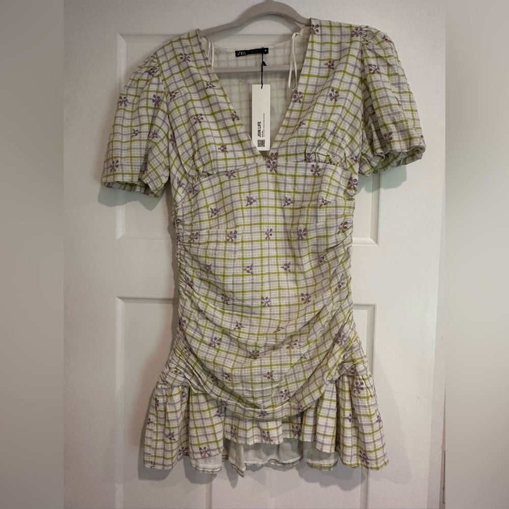 NWT Zara Green and Purple Floral Gingham Puff Sleeve Mini Dress Size Medium